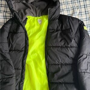 GAP Black Puffer Jacket with Neon Yellow Interior